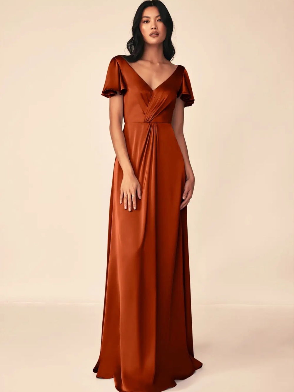 Azazie Satin V-Neck Flutter Sleeve Maxi Dress - Paprika